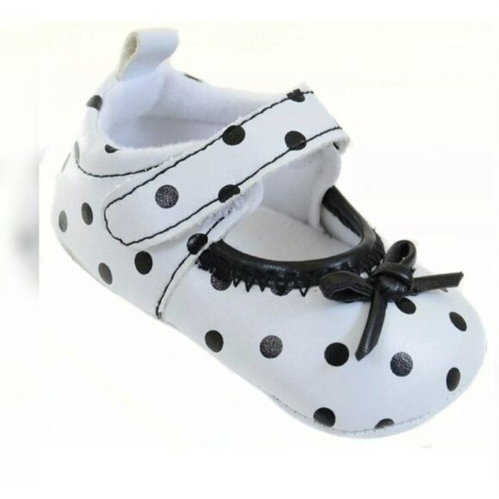 Baby Girl Infant Black White Polka Dot Darling Mary Jane Crib Shoes Bows